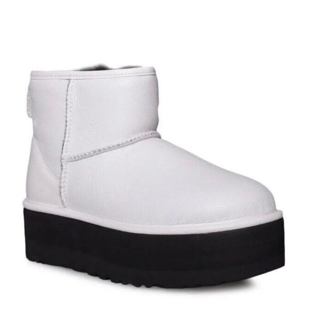 UGG White Leather Platform Ankle Boots with Black Sole